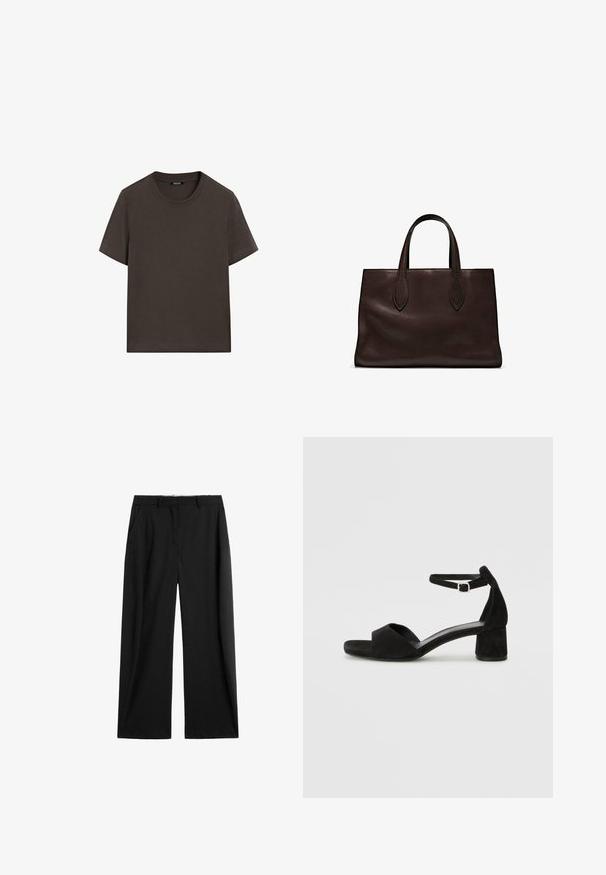 Tmavě hnědé tričko s krátkým rukávem vyrobené z bavlny. Má kulatý výstřih a volný střih, bez viditelných vzorů nebo akcentů.; Široké černé kalhoty vyrobené z hladké textilie, se dvěma bočními kapsami a přizpůsobeným pasem s poutky na opasek.; Černé sametové sandály na podpatku s tenkým řemínkem kolem kotníku, otevřenou špičkou a skromným blokovým podpatkem. Hladká textura a minimální akcenty.; Hnědá kožená taška přes rameno s dvěma dlouhými uchy, strukturální obdélníkový tvar, hladká textura a jemné švy.