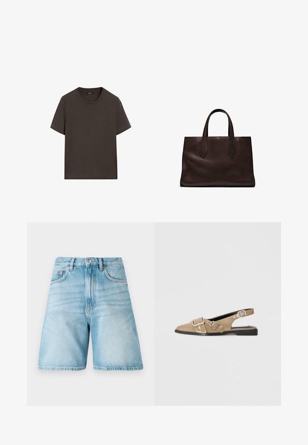 Donkerbruin T-shirt met korte mouwen, gemaakt van katoen. Heeft een ronde halslijn en een ontspannen pasvorm, zonder zichtbare patronen of accenten.; Lichtblauwe denim shorts met een relaxte pasvorm, voorzien van vijf zakken, riemlussen en een vervaagde textuur. De zoom is recht en gestikt.; Beige gepatineerde slingback schoenen met een spitse neus, twee verstelbare gespen en een lage zwarte hak. Glad textuur met een glanzende afwerking.; Bruine leren tote bag met twee verlengde handvatten, gestructureerde rechthoekige vorm, gladde textuur en subtiele stiksels.