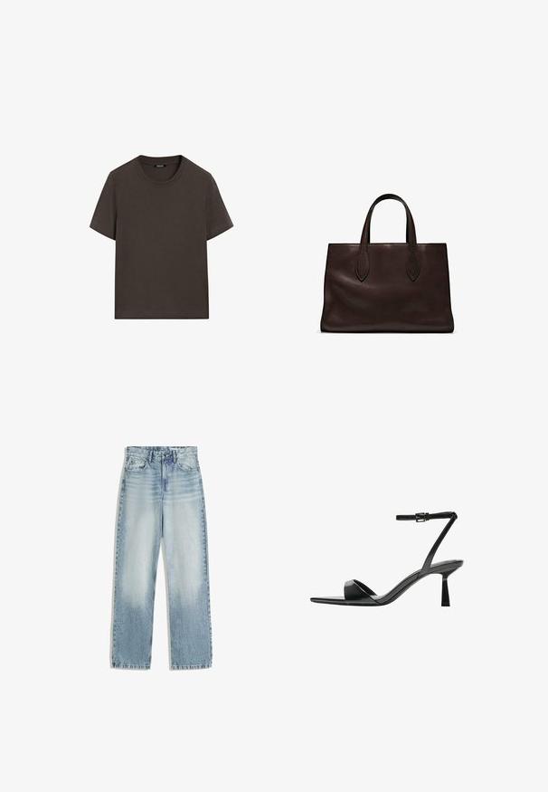 T-shirt corto marrone scuro in cotone. Presenta un collo tondo e una vestibilità comoda, senza motivi o accenti visibili.; Jeans in denim azzurro chiaro, a vita alta, con un design a gamba dritta. Presentano un classico stile a cinque tasche e una leggera scoloritura sul davanti.; Bershka Sandali con tacco - black; Borsa a spalla in pelle marrone con due manici lunghi, forma rettangolare strutturata, texture liscia e dettagli di cucitura sottili.