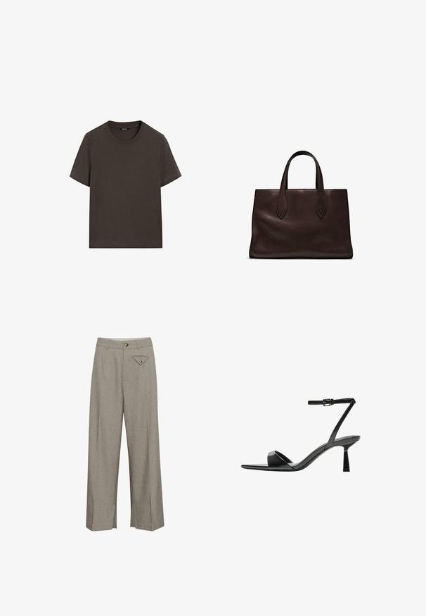 Dark brown short-sleeve t-shirt made of cotton. Features a round neckline and a relaxed fit, with no visible patterns or accents.; Wide-leg trousers in light gray fabric, featuring a front button closure, two side pockets, and a decorative diamond-shaped back pocket.; Bershka High heeled sandals - black; Brown leather tote bag with two elongated handles, structured rectangular shape, smooth texture, and subtle stitching details.