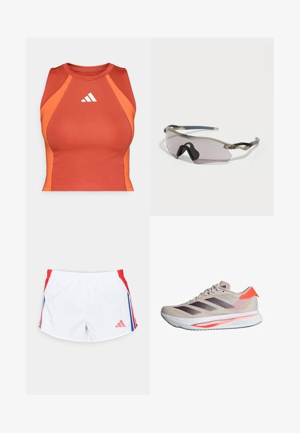 Narančasti atletski crop top napravljen od glatkog, rastezljivog materijala. Ima dizajn s racerback rezom i bijeli logo sprijeda.; Bijele sportske kratke hlače s crvenim bočnim panelima koji sadrže plave pruge. Elastična pojas i logo na donjoj lijevoj strani. Glatka tekstura tkanine.; Bež tenisice za trčanje s mrežastim gornjim dijelom, tamnosmešnim trakama i svijetlim naglascima narančaste i zelene boje. Sadrži bijeli jastučić na potplatu.; Naočale za sunce s prozirnim sivim okvirom, obojenim lećama i kutnim dizajnom. Imaju izraženu nosnicu i teksturirane tamnosive temple.