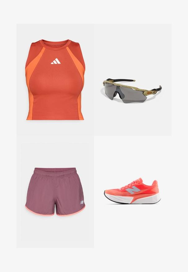 Oranžs sporta topiņš, izgatavots no gludas, elastīgas auduma. Tās iezīme ir racerback dizains un balts logs priekšpusē.; Violeta sporta šorti ar elastīgu jostu un rozā apmalēm, ar mazu baltu "NB" logotipu apakšējā labajā kājā.; Viegls skriešanas apavi spilgti korallegā ar acu audumu un sudraba logo. Ievērojama teksturēta balta viduspēda un melna gumijas zole.; Sporta saulesbrilles ar zaļu rakstainu rāmi, melnām kājām un pelēkiem stikliem. Dizains ietver apņemšanas stilu ar izteiksmīgu, sportisku formu.