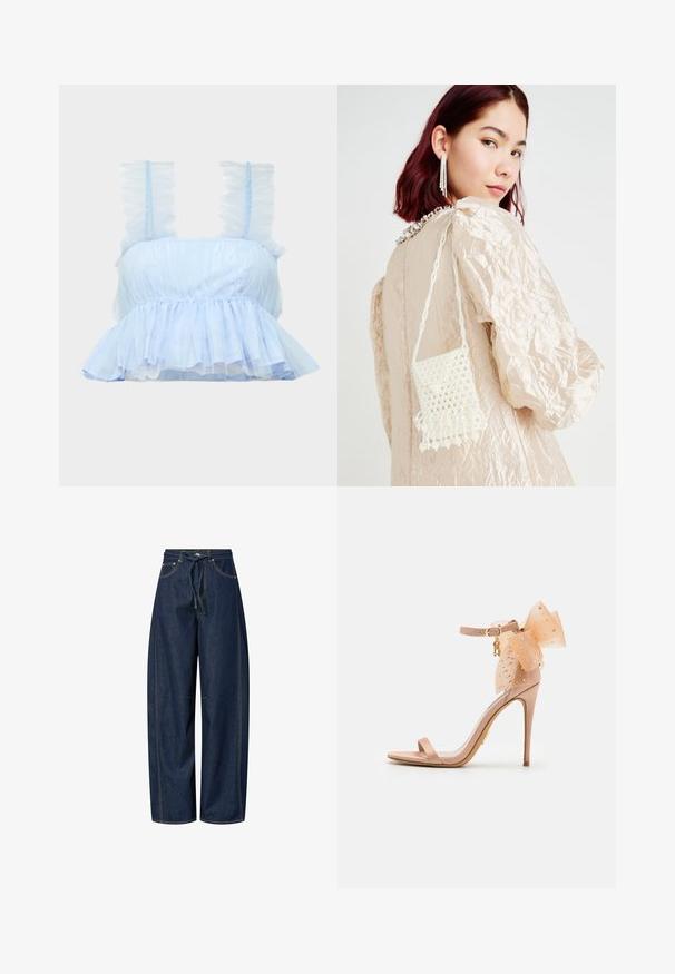 Heledsinine kleit, millel on ründav peplum äär, läbipaistva kangaga ja laiad, rüselusega rihmad. Tekstureeritud pind lisab sügavust ja huvi.; Tumed sinised laiad püksid tumedast denimist, nööriga vöökoht, kontrastne õmblus ja kaks esi-taskut. Sile tekstuur, mugav istuvus.; Naha kõrgetega sandaalid, millel on läbipaistev kangast lips koos kaunistustega, pahkluu rihm ja peen stiletto konts. Sile satiinviimistlus.; Valgestest pärlitest valmistatud helmestega käekott, millel on tekstureeritud pind ja viimistletud alumine osa, kantud kroogitud beežist riietusest.