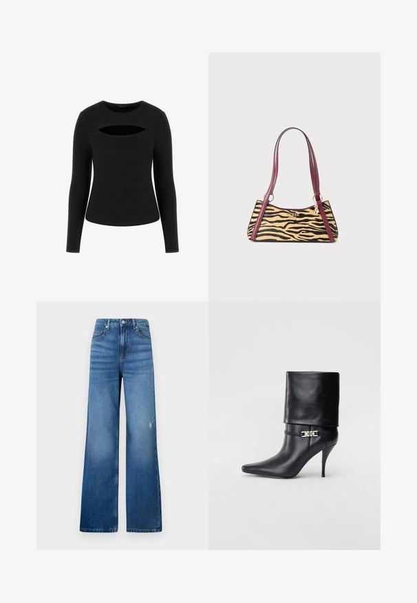Crni dugi rukav majica s rebrastom teksturom i jedinstvenim izrezom na prsima, s okruglim izrezom i prilagođenim siluetom.; Široke plave traperice s laganim izbljedjivanjima, s pet džepova i standardnim pojasom s kopčanjem na dugme. Glatka tekstura.; Crna kožna gležnjača s šiljastim prstom, visokim stiletto potplatom, preklopnim rubom i zlatnom dekorativnom kopčom na gležnju.; Malačka s uzorkom tigra, marsala kožne trake, zlatni Guess logo i privjesak koji visi s prstena trake.