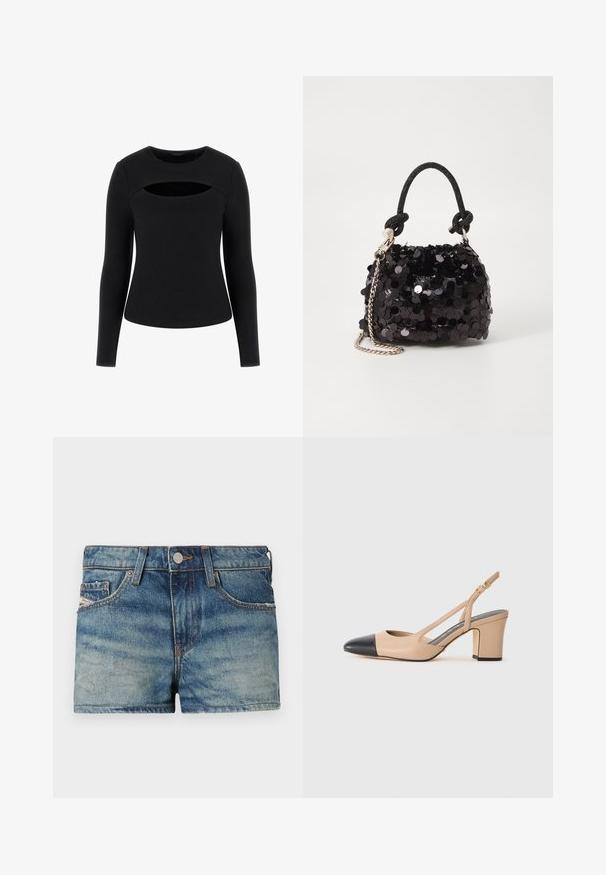 Top negro de manga larga con textura acanalada y un detalle de corte único en el pecho, con escote redondo y silueta ajustada.; Pantalones cortos de mezclilla en azul claro con un efecto desteñido, diseño de cinco bolsillos, costuras en contraste y un cierre de botón en la parte delantera.; Zapato slingback beige con puntera negra, tacón cuadrado y una correa con hebilla dorada sobre un fondo blanco liso.; Bolso de mano mini negro con lentejuelas, con una correa de textura anudada y cadena plateada. Forma redondeada con parte superior fruncida y detalles reflectantes.