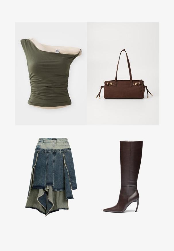 BDG Urban Outfitters FREYA TWIST - Felső - khaki; Farmertartó szoknya foltvarrásos dizájnnal, változó kék és zöld árnyalatokkal, roncsolt szélekkel, aszimmetrikus alsó résszel és több panelből álló kialakítással.; Barna bőr, térdig érő csizma, hegyes orral és tűsarkúval, sima textúrával és minimalista dizájnnal.; Barna velúr bevásárlótáska két vállpánttal, arany színű fém részekkel és állítható oldali megkötőkkel. Cipzáras zárása és sima felülete van.