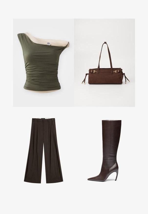 BDG Urban Outfitters FREYA TWIST - Top - khaki; Brune, vide bukser lavet af letvægtigt stof, med frontfolder, to sidelommer og en enkelt knaplukning.; Brune læderknæhøje støvler med spids tå og stilettoskaft, præget af en glat tekstur og minimalistisk design.; Brun suedetotebag med to skulderremme, guld hardware detaljer og justerbare sideknuder. Har en lynlåslukning og en glat tekstur.