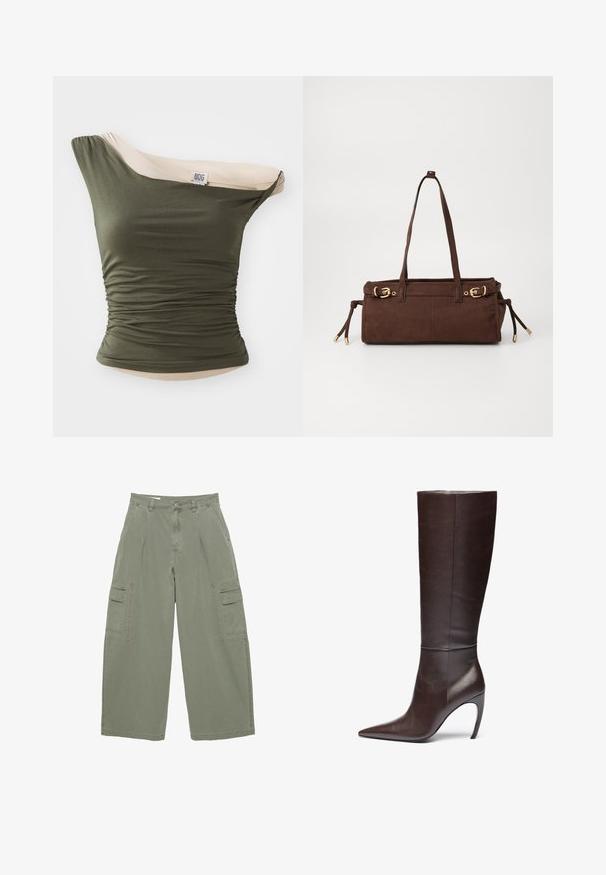 BDG Urban Outfitters FREYA TWIST - Linne - khaki; Olivgröna cargobyxor med vida ben, som har två sidofickor och knappstängning. Tillverkade av hållbar bomullstyg.; Brun läderstövel med knähöjd, spetsig tå och stilettklack, med en slät yta och minimalistisk design.; Brun mockaskväska med två axelremmar, detaljer i guldmetall och justerbara sidoknoppar. Har ett dragkedjestängning och en smidig textur.