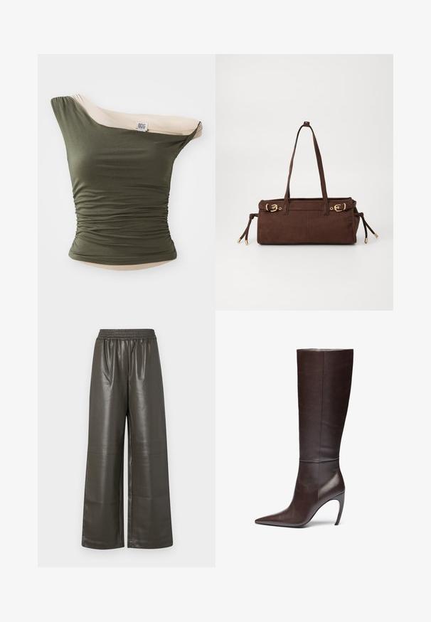 BDG Urban Outfitters FREYA TWIST - Topper - khaki; Vide benedikt, mørk olivengrønn faux skinnbukser med elastisk livlinje og detaljer i midt-søm, som har en glat og blank tekstur.; Brune lærstøvler til knæene med spids tå og stiletto hæl, med en glat overflade og minimalistisk design.; Brun semsket otteveske med to skulderstropper, gulldetaljer og justerbare knytebånd. Har glidelås og en glatt overflate.
