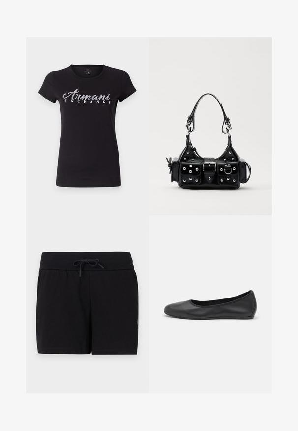 Black short-sleeve T-shirt made of cotton, featuring a white rhinestone logo "Armani Exchange" across the chest. Smooth texture, classic fit.; Black cotton shorts with an elastic waistband and drawstring. Features a clean, simple design and a smooth texture.; Black leather ballet flat with a rounded toe, smooth texture, minimal stitching detail, and a flexible sole design.; Black leather handbag with a curved design, featuring silver studs, a buckle, and two side pockets. Adjustable strap for carrying options.
