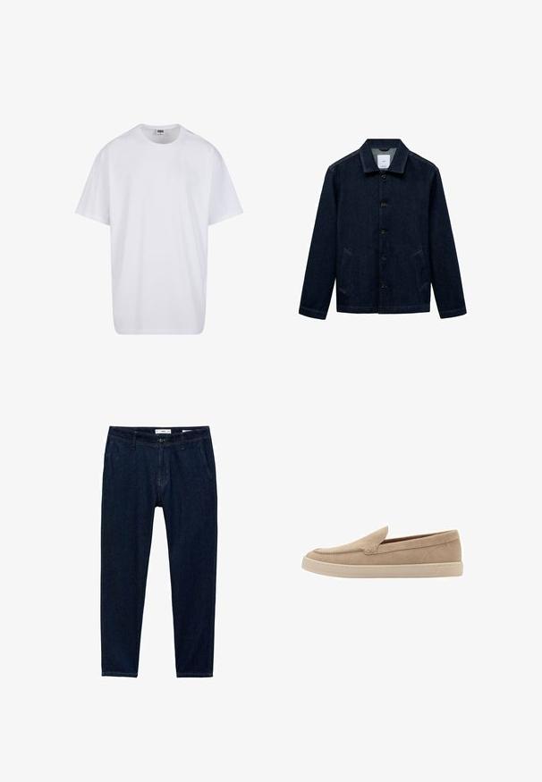 Bela bombažna majica s kratkimi rokavi, okroglim izrezom, sproščenim krojem in brez vidnih logotipov ali vzorcev. Gladka tekstura in minimalen dizajn.; Temno modra jeans jakna s kragnico, z gumbi spredaj, dvema stranskima žepoma in ravnim robom. Teksturni material s klasičnim sproščenim dizajnom.; Temno modri traper hlače s ravnim krojem. Značilnosti vključujejo pet žepov, zanke za pas in zadrgo z gumbom za zapiranje.; Bež izsušene copate z zaobljenim prstom in šiviljskim detajlom. Svetlo obarvan gumijast podplat z nizkim profilom.