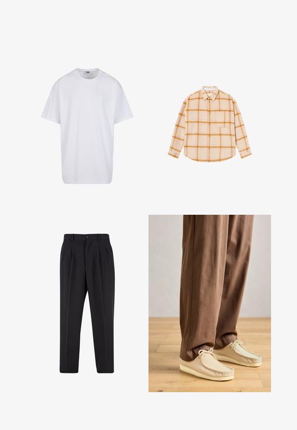 Fehér pamut póló rövid ujjal, kerek nyakú, laza szabású, és nincsenek látható logók vagy minták. Simább textúra és minimalista dizájn.; Beige színű, sárga és barna kockás, hosszú ujjú ing, gombos kialakítással, egy darab mellzsebbel, textúrált anyagból készült.; Fekete nadrág, pliszézett elejű dizájnnal, sima anyagból készült. Gombos záródás és övhurkok jellemzik; egyenes szabású.; Beige fűzős mokaszin cipő, barna széles szárú nadrággal, világos fapadlón állva.