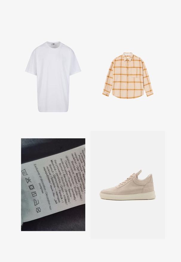 Bílé triko z bavlny s krátkým rukávem, kulatým výstřihem, volným střihem a bez viditelných log či vzorů. Hladká textura a minimalistický design.; Hnědo-beige kostkovaná košile s dlouhým rukávem, s žlutými a hnědými kostkami, zapínání na knoflíky, jedna náprsní kapsa, vyrobena z texturované látky.; Štítek s vícejazyčným textem, symboly péče a ikonami recyklace, vytištěný na měkkém materiálu připomínajícím látku ve světlé barvě.; Beige jednorázové tenisky z semiše s kulatou špičkou, bílou podrážkou a plochými tkaničkami. Obsahují poutko na patě a strukturované boční panely.