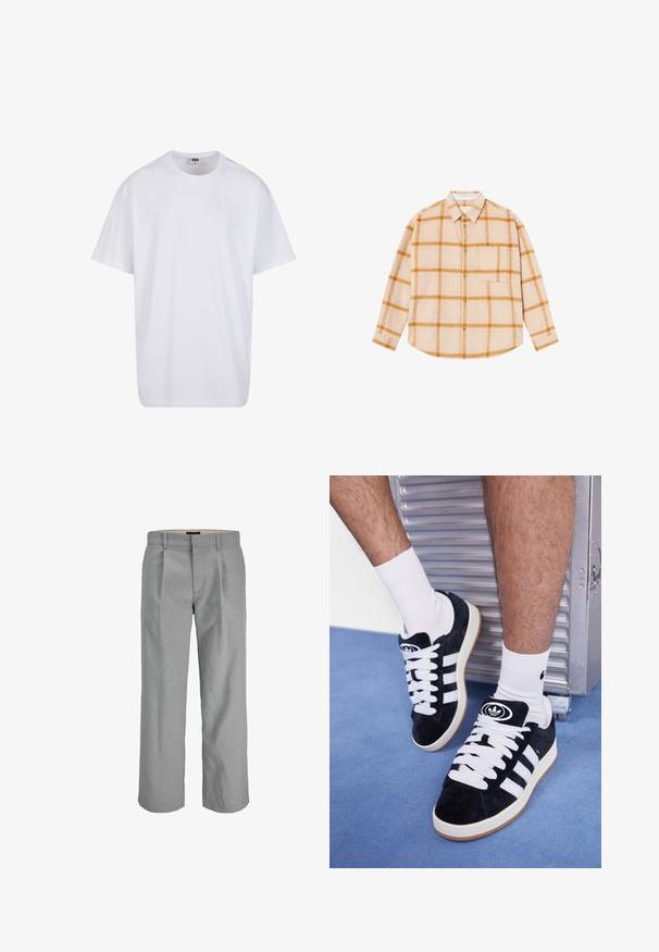 Hvit bomull t-skjorte med korte ermer, rund utringning, avslappet passform, og ingen synlige logoer eller mønstre. Glatt tekstur og minimalistisk design.; Langermet rutete skjorte i beige med gule og brune ruter, knappestolpe, enkelt brystlomme, laget av et strukturert stoff.; Lys grå bukser med en teksturert stoff, med folder foran, rette ben og en standard linning for lukking.; Sorte semskede sneakers med hvite lisser og tre hvite striper. Har en sirkulær svart logo på tungen og en såle av gummigummi.