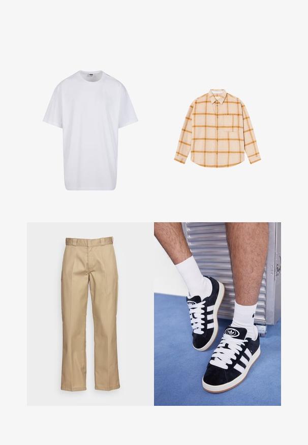 Valge puuvillane t-särk lühikeste varrukatega, ümmarguse kaelusega, lõdva lõikega ja ilma nähtavate logodeta või mustriteta. Sile tekstuur ja minimaalne disain.; Bež värviline ruuduline särk pikakäistega, kollaste ja pruuni ruuduga, nööpidega, ühe rinna taskuga, valmistatud tekstureeritud kangast.; Khaki püksid sirge jala disainiga, valmistatud vastupidavast kangast, mis omab siledat tekstuuri ja kahekordset kumerust ees, et lisada detailide mitmekesisust.; Mustad nahkjalatsid valgete paelte ja kolme valge triibuga. Omab ümmargust musta logo keele peal ning kummist tallat.