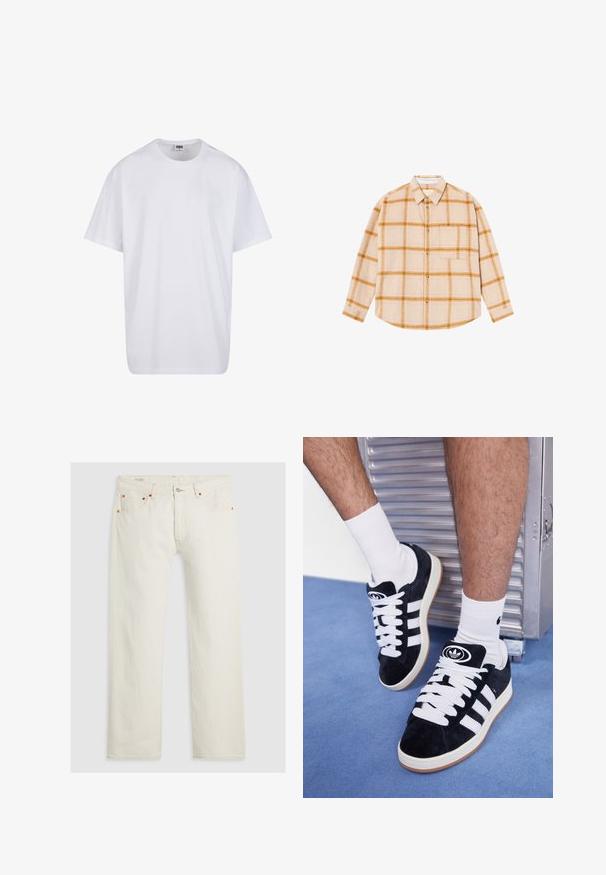 Bijela pamučna majica s kratkim rukavima, zaobljenim izrezom, opuštenog kroja, bez vidljivih logotipa ili uzoraka. Glatka tekstura i minimalni dizajn.; Košulja dugih rukava s karo uzorkom u bež boji sa žutim i smeškim kvadratićima, dizajn na dugmad, jedna džepna pregrada, napravljena od teksturiranog materijala.; Bijele traperice s ravnim krojem, zatvaranjem na srebrni gumb, narančastim šavovima i pet džepova. Tkanina ima glatku teksturu.; Crne nubuk tenisice s bijelim vezicama i tri bijele pruge. Imaju kružni crni logo na jeziku i gumeni potplat.