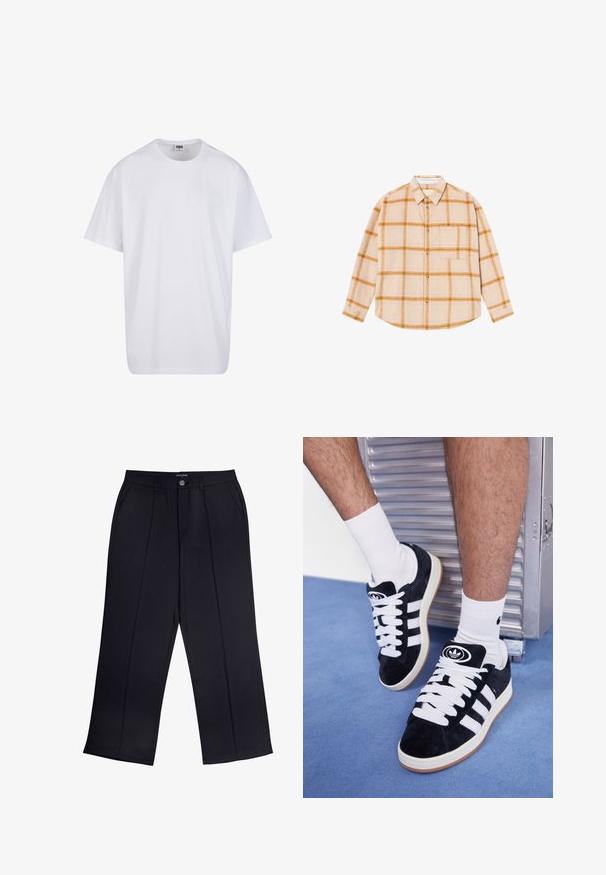 Bela bombažna majica s kratkimi rokavi, okroglim izrezom, sproščenim krojem in brez vidnih logotipov ali vzorcev. Gladka tekstura in minimalen dizajn.; Bež srajca z dolgimi rokavi v karirastem vzorcu z rumenimi in rjavimi kvadratki, z gumbnim zapiranjem, z enim žepom na prsih, narejena iz teksturirane tkanine.; Črne široke hlače iz gladkega blaga z zadrgo, gumbom za zapiranje in sprednjimi žepi. Opazna pregibna podrobnost po vsaki nogi.; Črne semiš teniske z belimi vezalkami in tremi belimi črtami. Imajo okroglo črno oznako na jezičku in gumijast podplat.