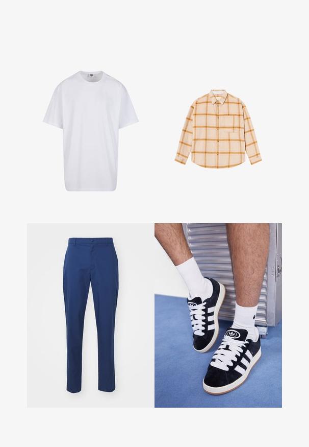Bela bombažna majica s kratkimi rokavi, okroglim izrezom, sproščenim krojem in brez vidnih logotipov ali vzorcev. Gladka tekstura in minimalen dizajn.; Bež srajca z dolgimi rokavi v karirastem vzorcu z rumenimi in rjavimi kvadratki, z gumbnim zapiranjem, z enim žepom na prsih, narejena iz teksturirane tkanine.; Mornarsko modri chinosi iz gladkega blaga, z gumbnim zapiranjem, pasom za pas in zožanimi nogami. Minimalističen dizajn brez vzorcev.; Črne semiš teniske z belimi vezalkami in tremi belimi črtami. Imajo okroglo črno oznako na jezičku in gumijast podplat.