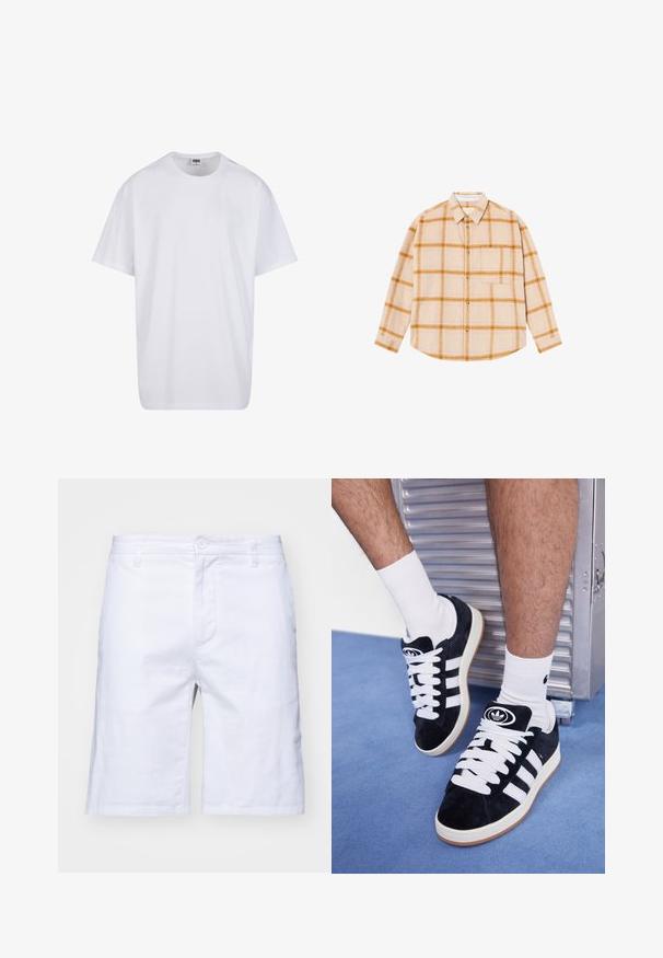 T-shirt en coton blanc avec des manches courtes, un col rond, une coupe décontractée et sans logos ni motifs visibles. Texture lisse et design minimaliste.; Chemise à manches longues à carreaux beige avec des motifs jaunes et bruns, à boutonnière, avec une poche poitrine unique, fabriquée dans un tissu texturé.; Shorts en coton blancs avec une coupe droite, fermeture éclair et bouton. Comprend des poches latérales et une texture lisse.; Baskets en suede noir avec des lacets blancs et trois rayures blanches. Présente un logo circulaire noir sur la languette et une semelle en caoutchouc beige.