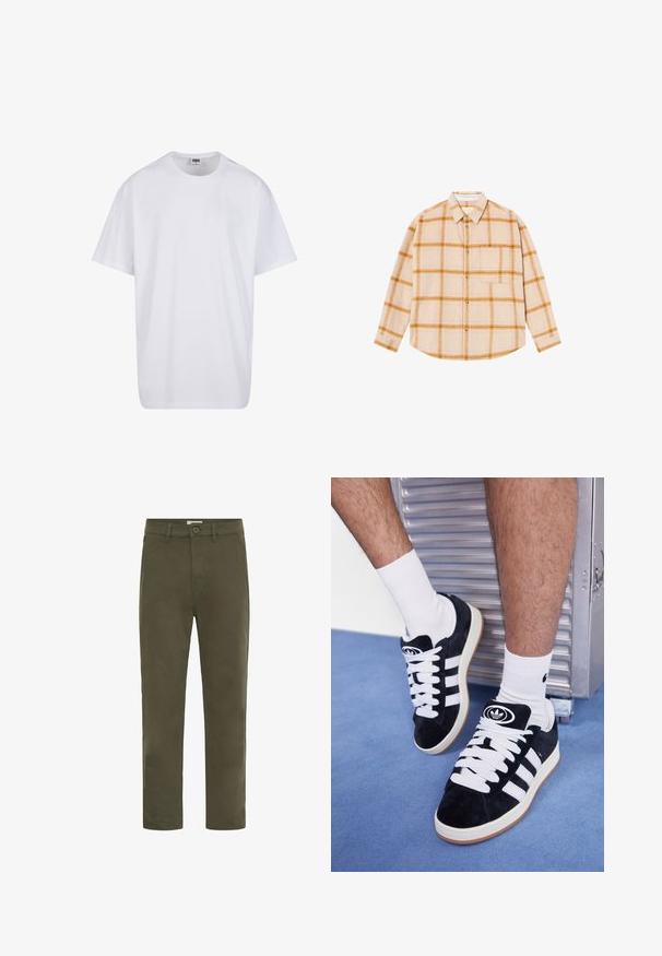 Bijela pamučna majica s kratkim rukavima, zaobljenim izrezom, opuštenog kroja, bez vidljivih logotipa ili uzoraka. Glatka tekstura i minimalni dizajn.; Košulja dugih rukava s karo uzorkom u bež boji sa žutim i smeškim kvadratićima, dizajn na dugmad, jedna džepna pregrada, napravljena od teksturiranog materijala.; Muške maslinaste zelene ležerne hlače ravnog kroja s kopčanjem na dugme i petljama za remen, dizajnirane za svakodnevno nošenje.; Crne nubuk tenisice s bijelim vezicama i tri bijele pruge. Imaju kružni crni logo na jeziku i gumeni potplat.