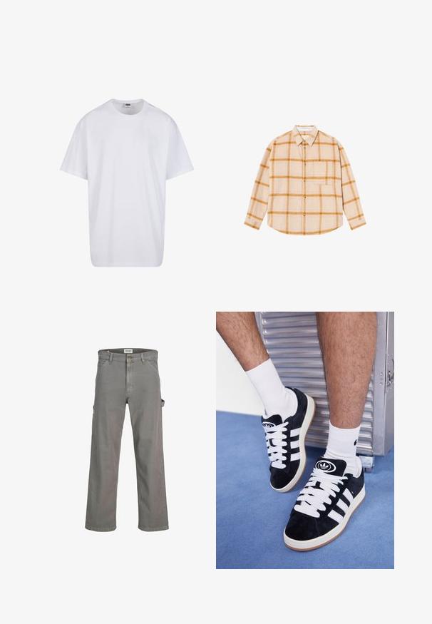 Biała bawełniana koszulka z krótkimi rękawami, okrągłym dekoltem, luźnym krojem i bez widocznych logo lub wzorów. Gładka tekstura i minimalistyczny design.; Beżowa koszula w kratę z długim rękawem, z żółtymi i brązowymi wzorami, z zapięciem na guziki, z jedną kieszenią na piersi, wykonana z teksturowanej tkaniny.; Szare spodnie cargo wykonane z bawełny. Charakteryzują się luźnym krojem, wieloma kieszeniami oraz zamkiem błyskawicznym z zapięciem na guzik. Prosta nogawka.; Czarne zamszowe sneakersy z białymi sznurówkami i trzema białymi paskami. Posiadają okrągłe czarne logo na języku i gumową podeszwę.