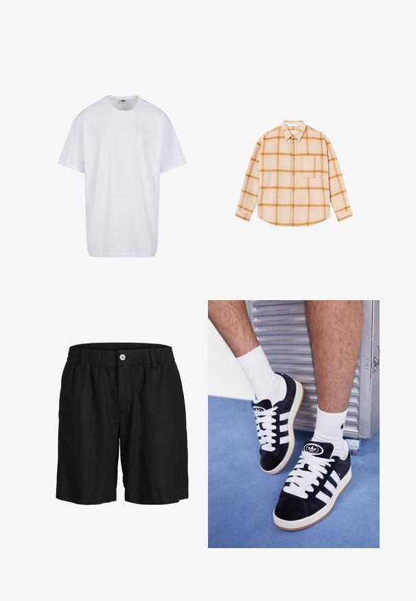 White cotton t-shirt with short sleeves, rounded neckline, relaxed fit, and no visible logos or patterns. Smooth texture and minimal design.; Long-sleeve plaid shirt in beige with yellow and brown checks, button-up design, single chest pocket, made from a textured fabric.; Jack & Jones Shorts - black onyx; Black suede sneakers with white laces and three white stripes. Features a circular black logo on the tongue and a gum rubber sole.