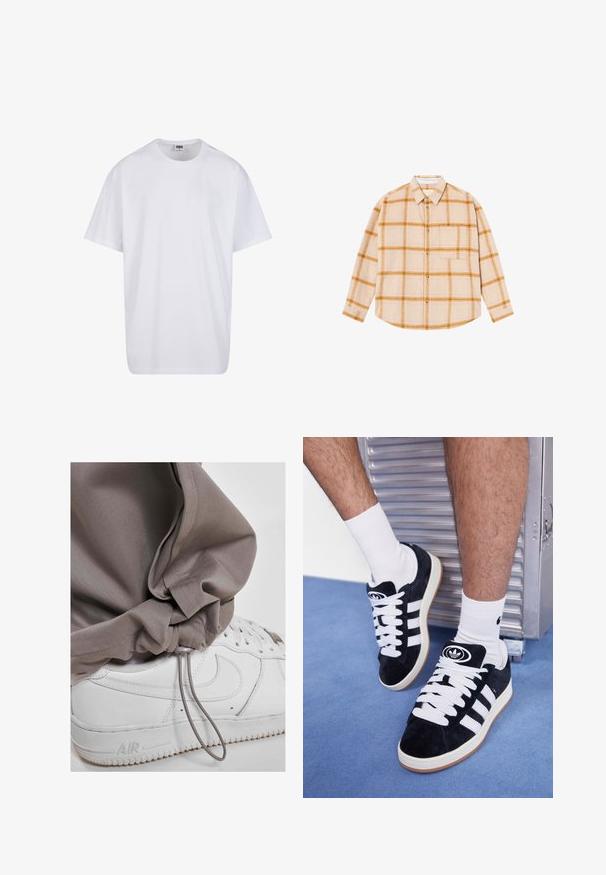 Vit bomull t-shirt med korta ärmar, rundad halsringning, avslappnad passform och utan synliga logotyper eller mönster. Slät textur och minimal design.; Långärmad rutiga skjorta i beige med gula och bruna rutor, knäppning fram, en bröstficka, tillverkad av ett strukturerat material.; Ljust grå joggingsbyxor med dragsnodd i vristerna, kombinerat med vita sneakers med en texturerad sula och distinkt logotypdetalj.; Svarta mockaskor med vita snören och tre vita ränder. Har en rund svart logotyp på tungan och en gumminnedgummisula.