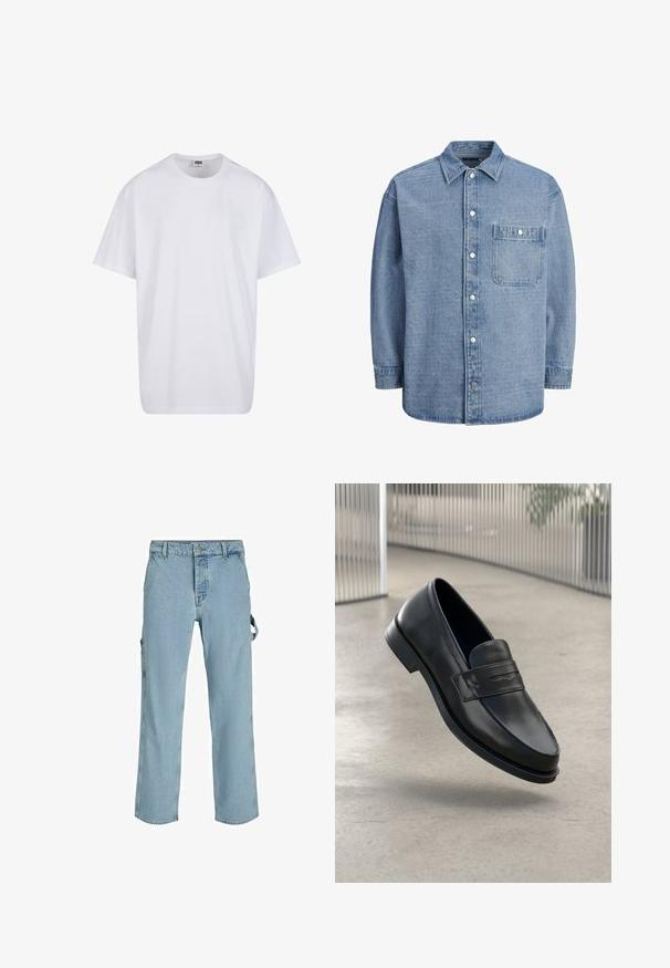 Bela bombažna majica s kratkimi rokavi, okroglim izrezom, sproščenim krojem in brez vidnih logotipov ali vzorcev. Gladka tekstura in minimalen dizajn.; Svetlo modra denim srajca z klasičnim ovratnikom, sprednjim gumbom in enim žepom na prsih s poklopcem in pritisnim gumbom.; Svijetloplave traper cargo hlače s opuštenim krojem, s bočnim petljama za vezivanje i prednjim džepovima, koje prikazuju izblijedjeli teksturu.; Črni usnjeni loafer z gladko teksturo, zašiljenim prstom in okrasnim trakom čez nart. Lahka podplat, minimalističen dizajn.