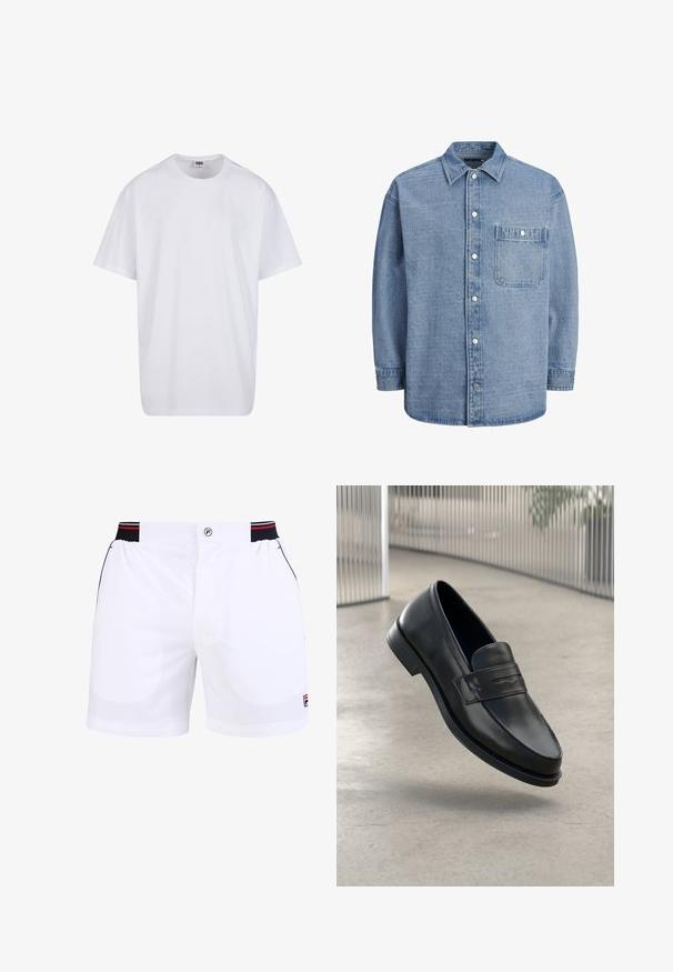 Bela bombažna majica s kratkimi rokavi, okroglim izrezom, sproščenim krojem in brez vidnih logotipov ali vzorcev. Gladka tekstura in minimalen dizajn.; Svetlo modra denim srajca z klasičnim ovratnikom, sprednjim gumbom in enim žepom na prsih s poklopcem in pritisnim gumbom.; Bele športne hlače v beli barvi z elastičnim pasom v črni in rdeči barvi, sprednjimi žepi in logotipom Fila na spodnjem desnem delu. Gladka tekstura blaga.; Črni usnjeni loafer z gladko teksturo, zašiljenim prstom in okrasnim trakom čez nart. Lahka podplat, minimalističen dizajn.