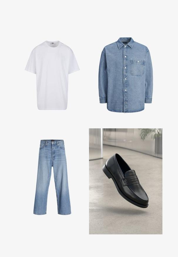 Biała bawełniana koszulka z krótkimi rękawami, okrągłym dekoltem, luźnym krojem i bez widocznych logo lub wzorów. Gładka tekstura i minimalistyczny design.; Jasnoniebieska koszula dżinsowa z klasycznym kołnierzykiem, z przodem zapinanym na guziki oraz jedną kieszenią na piersi z klapą i zapięciem na napę.; Jasnoniebieskie dżinsy typu wide-leg z wysokim stanem, z zapięciem na guziki, pięcioma kieszeniami i subtelnym wyblaknięciem. Czyste wykończenie dołu.; Czarna skórzana wsuwana półbut, o gładkiej fakturze, spiczastym nosku i ozdobnym paskiem na podbiciu. Lekka podeszwa, minimalistyczny design.
