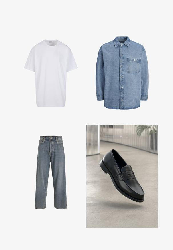 Balta kokvilnas T-kreklu ar īsām piedurknēm, apaļu kakla izgriezumu, brīvu piegriezumu un bez redzamām logo vai rakstiem. Gluda tekstūra un minimālistisks dizains.; Gai zila denima krekls ar klasisku apkakli, priekšā ar pogām, un vienu krūšu kabatu ar vāku un spiedpogām.; Gai zili džinsi ar plašu kāju un augstu vidukli, piecu kabatu dizainu un redzamām šuvēm. Mīksta tekstūra ar nedaudz izbalējušu izskatu.; Melns ādas mokasīns ar gludu tekstūru, smails purngalu un dekoratīvu siksnu pāri pakavsaitam. Viegls zole, minimāls dizains.