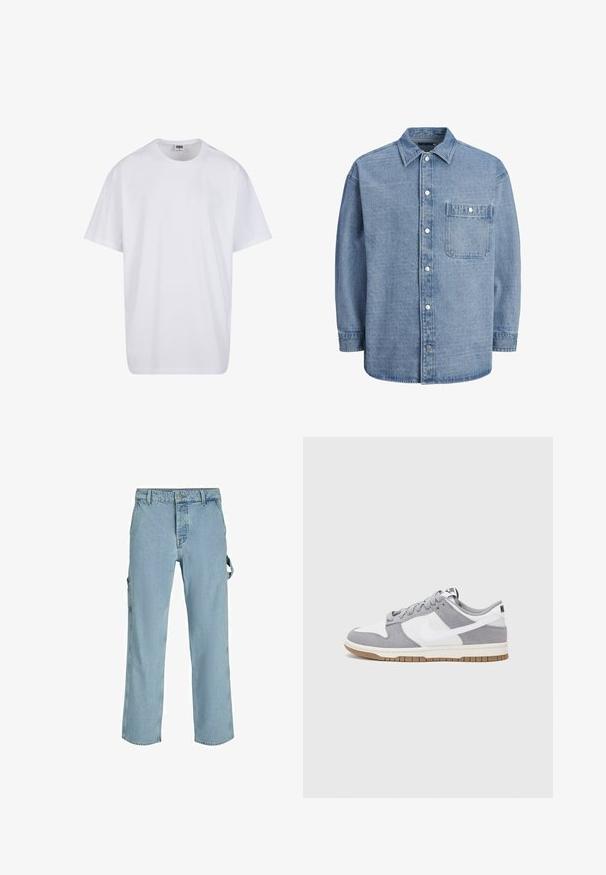Biała bawełniana koszulka z krótkimi rękawami, okrągłym dekoltem, luźnym krojem i bez widocznych logo lub wzorów. Gładka tekstura i minimalistyczny design.; Jasnoniebieska koszula dżinsowa z klasycznym kołnierzykiem, z przodem zapinanym na guziki oraz jedną kieszenią na piersi z klapą i zapięciem na napę.; Jasnoniebieskie dżinsowe spodnie cargo w luźnym kroju, z bocznymi zaczepami i kieszeniami z przodu, charakteryzujące się wyblakłą teksturą.; Sneakersy Nike mają szarą cholewkę z zamszu i białej skóry z perforacjami, okrągłe sznurowadła oraz gumową podeszwę zapewniającą przyczepność.