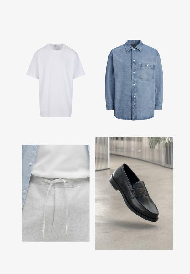 White cotton t-shirt with short sleeves, rounded neckline, relaxed fit, and no visible logos or patterns. Smooth texture and minimal design.; Light blue denim shirt featuring a classic collar, front button closure, and a single chest pocket with a flap and snap button.; Light gray sweatpants with a soft texture, featuring a drawstring closure in white and a ribbed waistband. Button-down shirt in blue stripes above.; Black leather loafer with smooth texture, pointed toe, and a decorative strap across the instep. Lightweight sole, minimal design.