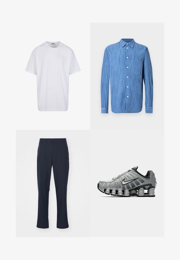 Balta kokvilnas T-kreklu ar īsām piedurknēm, apaļu kakla izgriezumu, brīvu piegriezumu un bez redzamām logo vai rakstiem. Gluda tekstūra un minimālistisks dizains.; Zila garām piedurknēm krekls ar pogām, ar vertikālām melnām svītrām un priekšpusē krūšu kabatu, attēlots uz balta fona.; Jūras zila, piegriezta bikses no poliestera maisījuma. Iespējas ar pogu aizdari, sānu kabatām un taisnu kāju dizainu.; Pelēki un melni Nike skriešanas apavi ar redzamu atsperveida amortizāciju zem zoles un balto swoosh logo sānos.