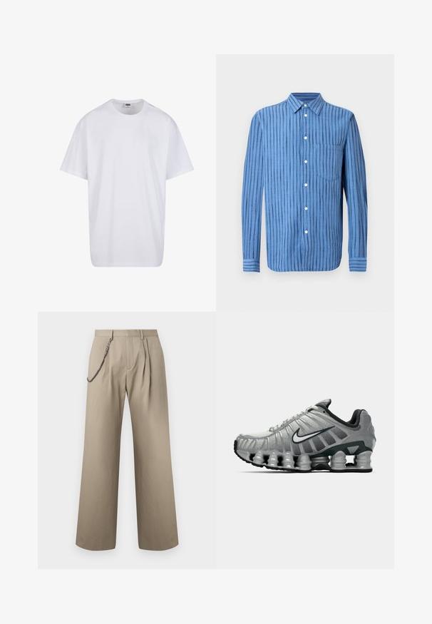 Valge puuvillane t-särk lühikeste varrukatega, ümmarguse kaelusega, lõdva lõikega ja ilma nähtavate logodeta või mustriteta. Sile tekstuur ja minimaalne disain.; Sinine pikkade varrukatega triiksärk, millel on vertikaalsed mustad triibud ja ees rinna tasku, kuvatud valgel taustal.; Beežid laia säärtega püksid ees volditud plissee ning vasakul vööaasal stiiliks kinnitatud metallist kett.; Hallikas ja must Nike jooksutoss, mille all on näha kevadelik ammortiseerimine ja külje peal on valge sarnase logo.