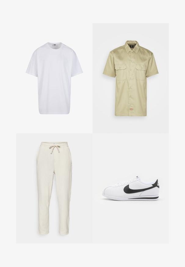 Balta kokvilnas T-kreklu ar īsām piedurknēm, apaļu kakla izgriezumu, brīvu piegriezumu un bez redzamām logo vai rakstiem. Gluda tekstūra un minimālistisks dizains.; Īsām piedurknēm, haki krāsas pogājama krekls ar apkakli, divām krūšu kabatām un mazu izšūtu logotipu apakšmalā. Gluda auduma tekstūra.; Gai bēšas, teksturēta kokvilnas bikses ar elastīgu jostasvīru un auklu. Ir sānu kabatas un šauras kājas.; Baltas ādas tenisa apavi ar melno Nike swoosh, plakaniem šņorēm un teksturētu gumijas zoli. Apaļo pirkstu forma un mīksts apkaklīte komfortam.
