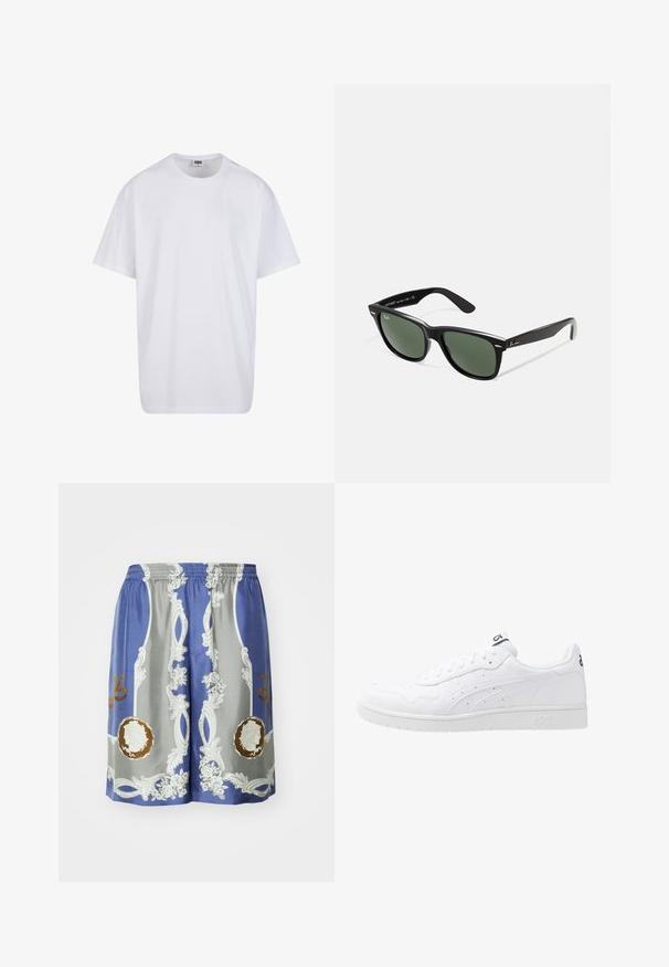 Balta kokvilnas T-kreklu ar īsām piedurknēm, apaļu kakla izgriezumu, brīvu piegriezumu un bez redzamām logo vai rakstiem. Gluda tekstūra un minimālistisks dizains.; Zilā un pelēkā šorti, izgatavoti no gludas auduma, ar grezniem baltajiem un zeltainajiem rakstiem, ziedu motīviem un apļveida dizainiem priekšpusē.; Balti ādas sporta apavi ar gludu virsmu, perforētiem akcentiem un strukturētu viduszoli. Uzvalkā uzvalkā uz valkātājs logo un sānu lentes.; Melnas plastmasas saulesbrilles ar zaļiem lēciem, kvadrātveida rāmjiem, sudrabainu akcentu uz uzacīm un teksturētām tempļu kājām. Zīmols norādīts uz iekšējās kājas.
