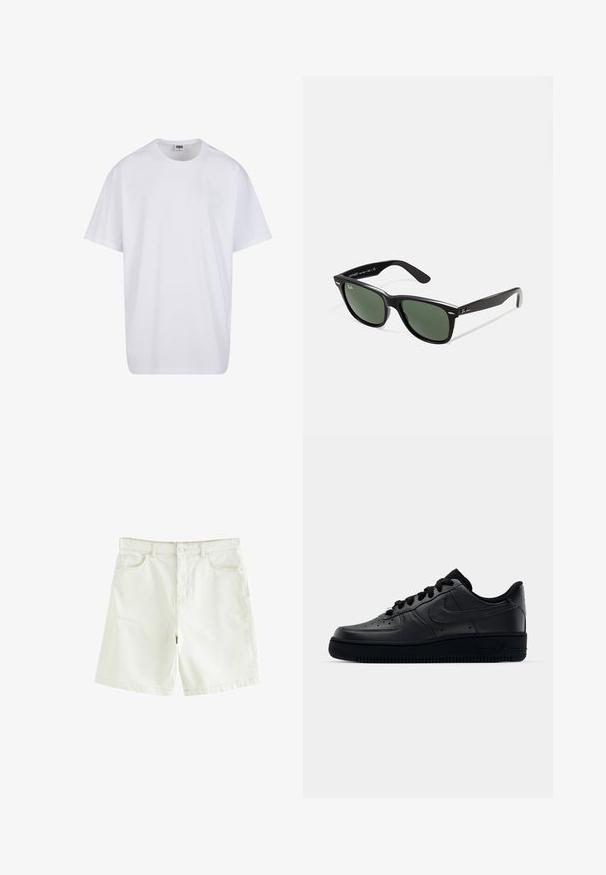 Fehér pamut póló rövid ujjal, kerek nyakú, laza szabású, és nincsenek látható logók vagy minták. Simább textúra és minimalista dizájn.; Fehér farmer rövidnadrág egyenes szabással, öt zsebbel, elülső gombos záródással és látható varrással. Simább textúra.; Fekete Nike Air Force 1 sneaker sima bőr felsőrészével, perforált orrával a légáteresztés érdekében, fekete cipőfűzőkkel és textúrált gumitalppal.; Fekete műanyag napszemüveg zöld lencsékkel, négyzet alakú kerettel, ezüst díszítéssel a keret felső részén, valamint texturált szárakkal. A márka neve a belső száron található.