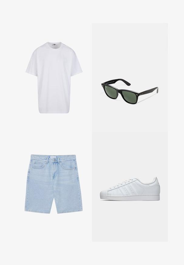 Bílé triko z bavlny s krátkým rukávem, kulatým výstřihem, volným střihem a bez viditelných log či vzorů. Hladká textura a minimalistický design.; Světle modré džíny šortky s rovný střih, které mají přední kapsy, zapínání na knoflík a vybledlý vzhled. Klasický střih s pěti kapsami.; Bílé kožené tenisky s texturovanou gumovou špičkou, třemi postranními pruhy a polstrovaným límcem. Ploché bílé tkaničky a minimalistický design.; Černé plastové sluneční brýle se zelenými skly, čtvercové obroučky, stříbrný detail na obočí a texturované stranice. Značka uvedená na vnitřní straně stranic.