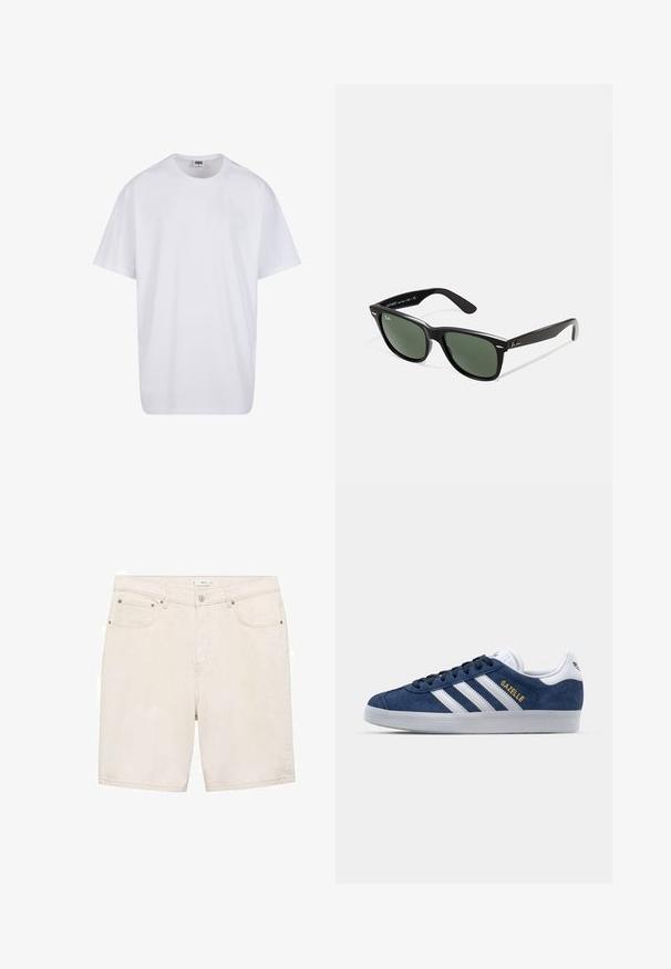 Bijela pamučna majica s kratkim rukavima, zaobljenim izrezom, opuštenog kroja, bez vidljivih logotipa ili uzoraka. Glatka tekstura i minimalni dizajn.; Svijetlosmeđi traper šortsevi ravnog kroja, s pet džepova i zatvaranjem na gumb. Glatka tekstura i minimalni detalji šivanja.; Mornarske suknje od antilopa s bijelim kožnim detaljima, tri bijele pruge i zlatni "Gazelle" logo. Okrugla gumena potplata, niska dizajn.; Crne plastične sunčane naočale s zelenim staklima, kvadratni okviri, srebrni naglasak na obrvi i teksturirane ručke. Naziv brenda naveden na unutrašnjoj strani ručke.