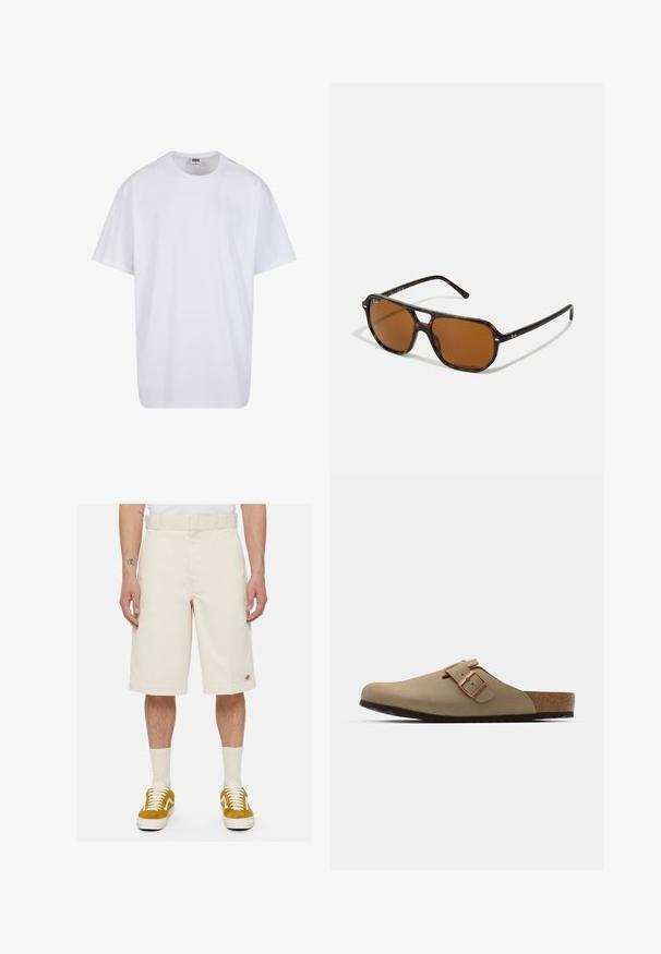 Bela bombažna majica s kratkimi rokavi, okroglim izrezom, sproščenim krojem in brez vidnih logotipov ali vzorcev. Gladka tekstura in minimalen dizajn.; Bež bombažne kratke hlače s ravnim krojem, ravnim sprednjim delom in stranskimi žepi. Imajo majhen logotip pri robu. Oblečene so z rumenimi supergami.; Bežna klompa z zaobljenim nosom, nastavljivim sponko in korčnim podplatom. Teksturirana površina s črnim gumijastim podplatom za oprijem.; Kornjačaste sončne očala s rjavimi lečami, pravokotne oblike in kovinskimi detajli na okvirju. Eleganten dizajn s tankimi ročaji.