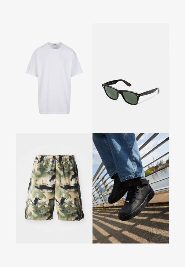 Hvit bomull t-skjorte med korte ermer, rund utringning, avslappet passform, og ingen synlige logoer eller mønstre. Glatt tekstur og minimalistisk design.; Herre svømmedrakter med et lett, pustende stoff med et tropisk palmemønster i grønt, svart og beige. Inkludert elastisk midjebånd.; Sorte Nike Air Force 1 sneakers med skinnoverdel, mesh tunge og gummisåle, med høyt design og tykke snører.; Sorte plast-solbriller med grønne linser, firkantede rammer, sølvdetalje på brynene, og teksturerte stangarmen. Angitt merke på indre arm.