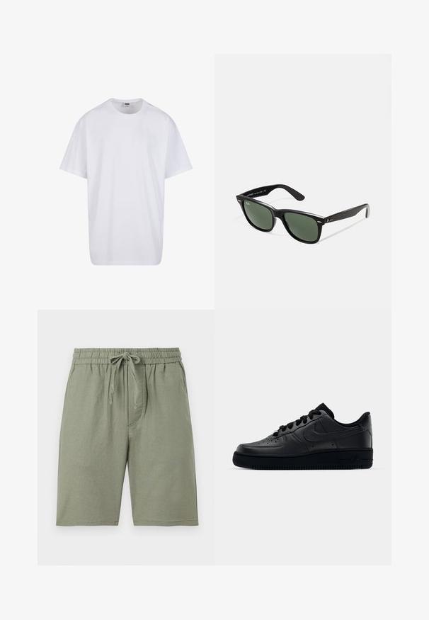 Valge puuvillane t-särk lühikeste varrukatega, ümmarguse kaelusega, lõdva lõikega ja ilma nähtavate logodeta või mustriteta. Sile tekstuur ja minimaalne disain.; Heledad roheline puuvillane lühike püksid, millel on elastne vöökoht ja reguleeritav pael. Sisu hõlmab küljetaskuid ja põlveni ulatuvat lõiget.; Mustad Nike Air Force 1 tossud musta sileda nahast, perforatsioonidega varvas hingavuse tagamiseks, mustad paelad ja tekstureeritud kummitald.; Mustad mustan plastiku prillid roheliste läätsedega, ruudukujulised raamid, hõbedane aksent kulmude peal ja tekstuuriga tempelkäed. Brändi nimi on märgitud sisevarrele.