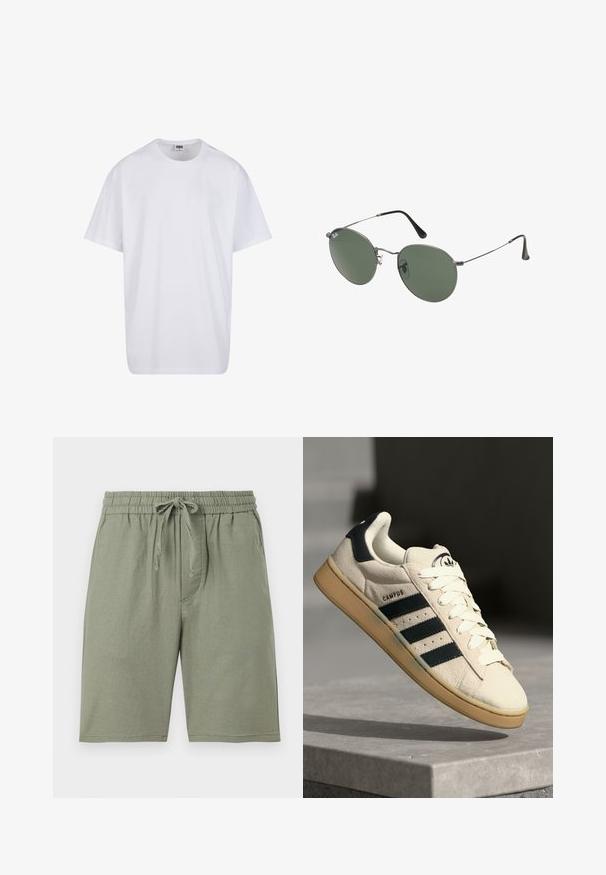 White cotton t-shirt with short sleeves, rounded neckline, relaxed fit, and no visible logos or patterns. Smooth texture and minimal design.; Light green cotton shorts with an elastic waistband and adjustable drawstring. Features side pockets and a knee-length cut.; Beige suede sneaker with three dark blue stripes, white laces, and a tan rubber sole. Features a logo on the tongue and "CAMPUS" text.; Metal-framed sunglasses with oval green lenses. Thin silver metal frame and black ear tips. Minimalist design, no visible logos.