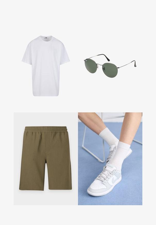 Camiseta blanca de algodón con mangas cortas, cuello redondo, corte relajado y sin logotipos ni patrones visibles. Textura suave y diseño minimalista.; Samsøe Samsøe SMITH - Shorts - four leaf clover; Zapatillas blancas con acentos azul claro, parte superior de cuero, puntera perforada, cordones gruesos y calcetines blancos de canalé sobre un fondo azul.; Gafas de sol con marco de metal y lentes ovalados verdes. Marco delgado de metal plateado y puntas de las orejas negras. Diseño minimalista, sin logotipos visibles.