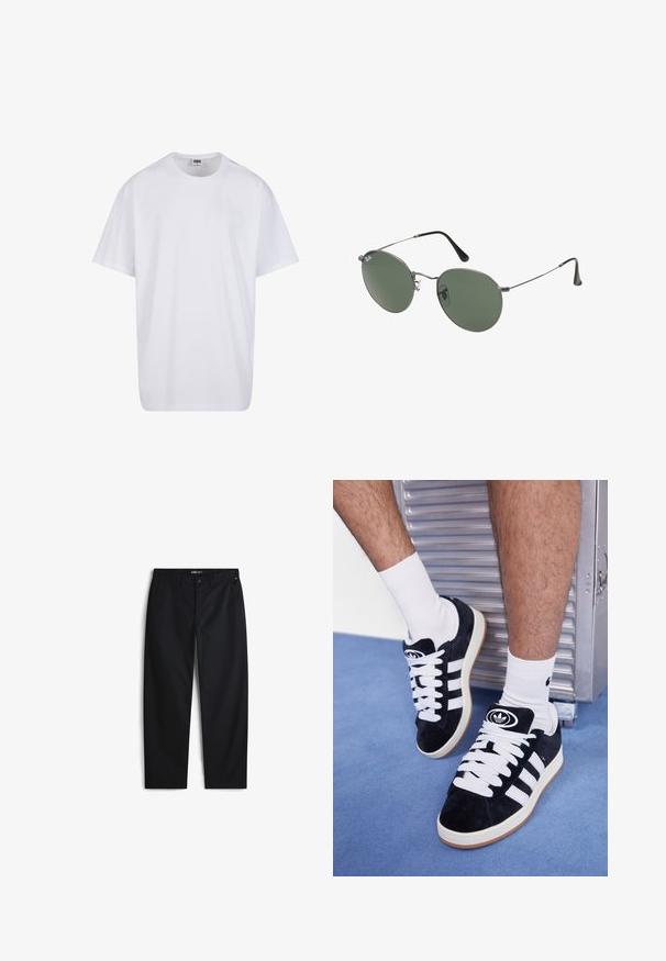Vit bomull t-shirt med korta ärmar, rundad halsringning, avslappnad passform och utan synliga logotyper eller mönster. Slät textur och minimal design.; Svarta byxor tillverkade av bomullsmaterial, med rak bendesign, sidofickor och knäppning med knapp. Inga synliga mönster eller logotyper.; Svarta mockaskor med vita snören och tre vita ränder. Har en rund svart logotyp på tungan och en gumminnedgummisula.; Metallinramade solglasögon med ovala gröna linser. Tunn silvermetallram och svarta öronpluggar. Minimalistisk design, inga synliga logotyper.