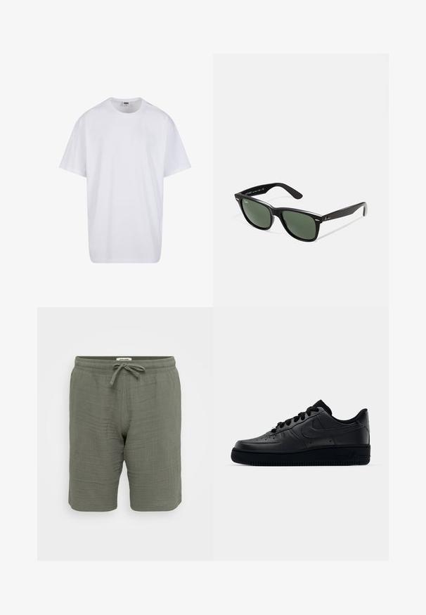 Witte katoenen t-shirt met korte mouwen, ronde hals, relaxte pasvorm en zonder zichtbare logo's of patronen. Gladde textuur en minimalistisch ontwerp.; Lichte, olijfgroene shorts van textuurstof. Voorzien van een elastische tailleband met een trekkoord, zijzakken en een relaxte pasvorm.; Zwarte Nike Air Force 1 sneaker met een gladde leren bovenkant, geperforeerde neus voor ademend vermogen, zwarte veters en een getextureerde rubberen zool.; Zwarte plastic zonnebril met groene lenzen, vierkante montuur, zilveren accent op de wenkbrauw en een gestructureerde tempel. Merken vermeld op de binnenkant van de arm.