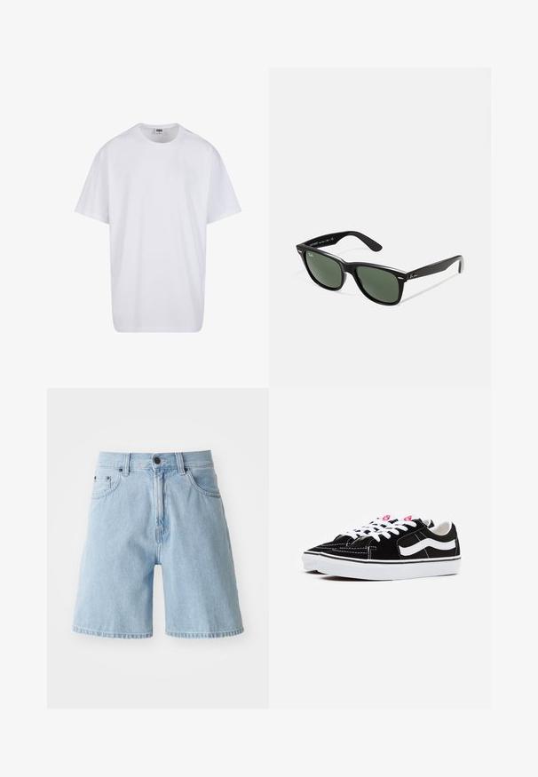 Weiße Baumwoll-T-Shirt mit kurzen Ärmeln, rundem Ausschnitt, lockerer Passform und ohne sichtbare Logos oder Muster. Glatte Textur und minimalistisches Design.; Hellblaue Denim-Shorts mit entspannter Passform, fünf Taschen-Design und Knopfverschluss an der Taille; ungesäumter Saum an den Beinen.; Schwarze Wildleder-Sneaker mit weißen Schnürsenkeln, die einen auffälligen weißen Seitenstreifen und eine schwarze Gummisohle aufweisen, mit kontrastierenden Nähdetails.; Schwarze Plastiksonnenbrille mit grünen Gläsern, quadratischen Rahmen, silbernem Akzent auf der Augenbraue und strukturierten Bügeln. Angegebene Marke auf dem inneren Bügel.