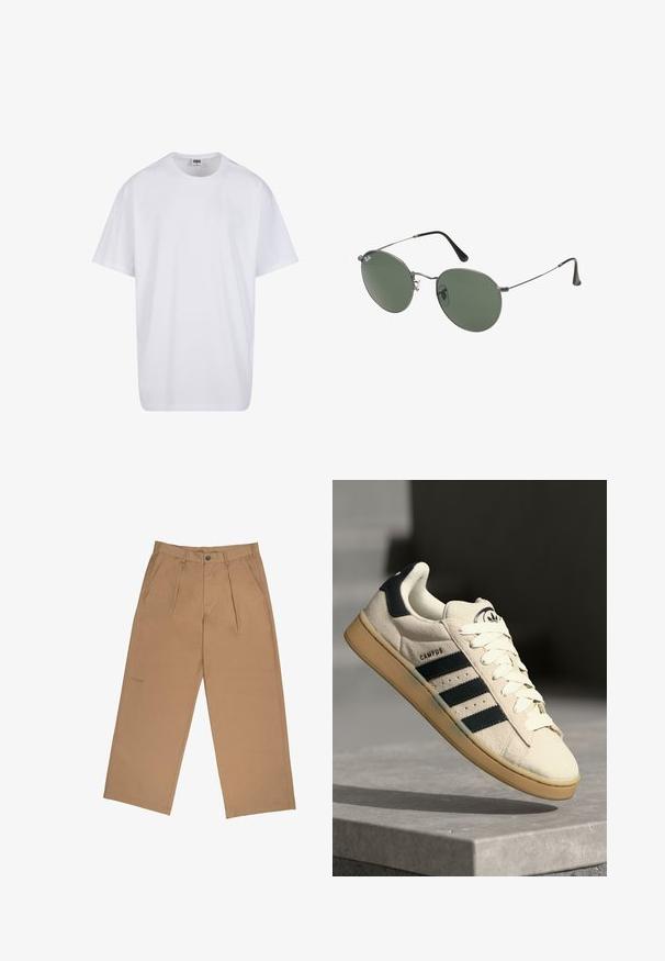 Biała bawełniana koszulka z krótkimi rękawami, okrągłym dekoltem, luźnym krojem i bez widocznych logo lub wzorów. Gładka tekstura i minimalistyczny design.; Beżowe spodnie z materiału o gładkiej fakturze, z plisami, zapięciem na guzik oraz logo wyszytym w pobliżu dołu.; Beżowe zamszowe sneakersy z trzema ciemnoniebieskimi paskami, białymi sznurówkami i brązową kauczukową podeszwą. Zawierają logo na języku oraz tekst "CAMPUS".; Okulary przeciwsłoneczne z metalową ramą i owalnymi zielonymi soczewkami. Cienka srebrna metalowa rama i czarne końcówki zauszników. Minimalistyczny design, bez widocznych logo.