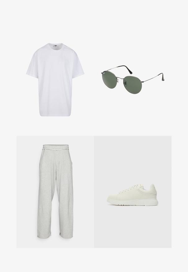 Maglietta bianca in cotone con maniche corte, scollatura rotonda, vestibilità comoda e senza loghi o motivi visibili. Texture liscia e design minimale.; Pantaloni felpati grigio chiaro a gamba larga con vita elastica e tasche laterali. Texture morbida con dettagli a frange agli orli delle gambe.; Sneaker bianca in pelle con superiore testurizzato, punta arrotondata, suola piatta bianca e lacci tono su tono. Branding discreto sulla linguetta.; Occhiali da sole con montatura in metallo e lenti verdi ovali. Montatura sottile in metallo argento e terminali neri. Design minimalista, senza loghi visibili.